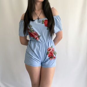 blue and red rose pin stripe romper